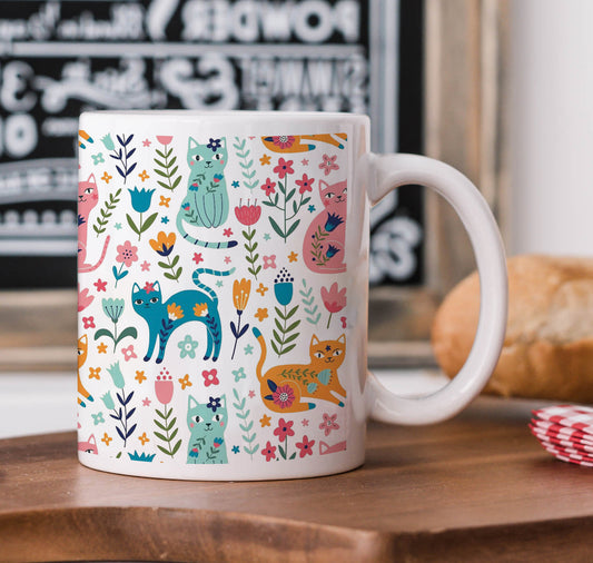 Vector seamless pattern with flowers and cats Cute Flower  White 330 ml Coffee Mug
