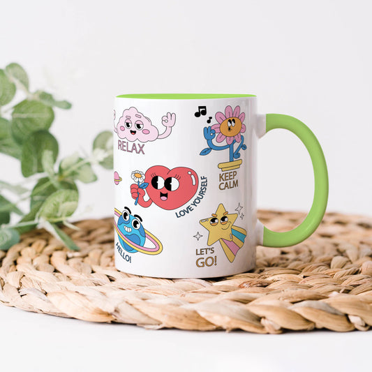 Hand drawn trendy cartoon badges design Light Green Handle 330 ml Coffee Mug