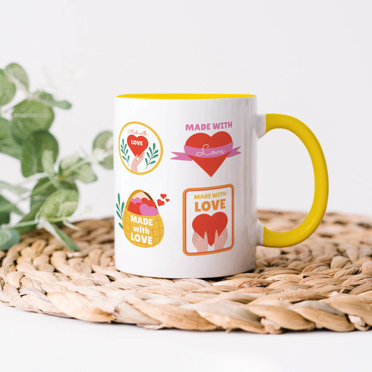 Hand drawn made with love floral label design Yellow Handle 330 ml Coffee Mug