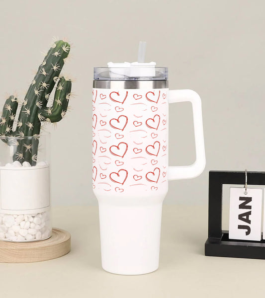 Sketchy hearts pattern Printed 850ML with Lid Leak Proof Big Travel Tumbler with Handle and Straw