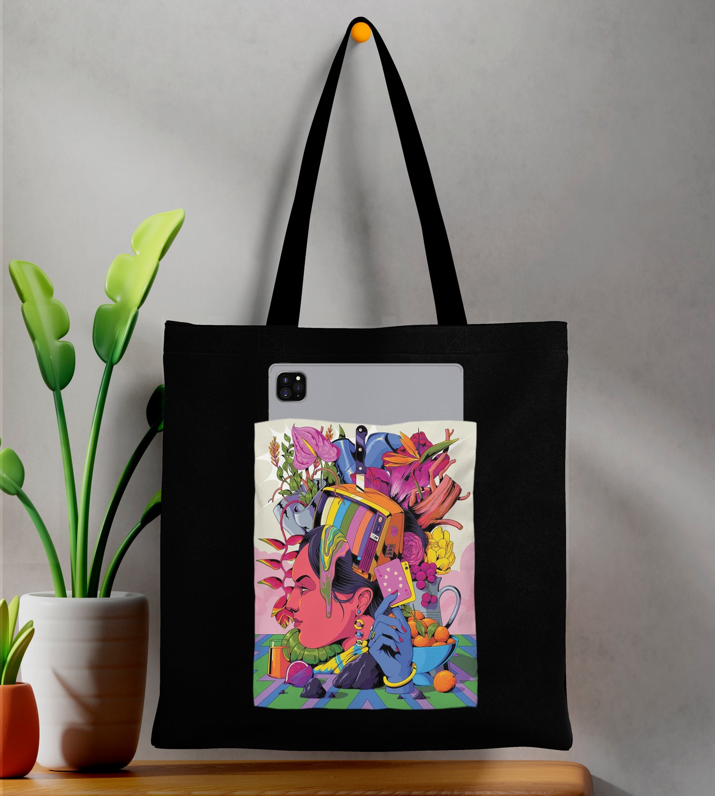 Modern illustration Art Design Printed Black Patch With Pocket Tote Bag (14 X 16 Inches) For Shopping, College, Travel