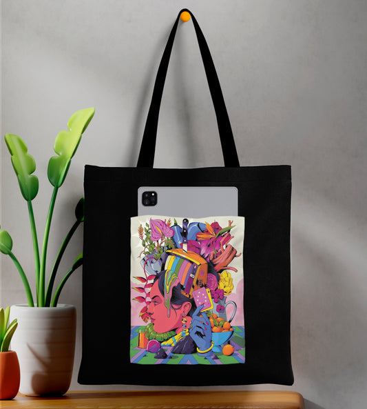 Modern illustration Art Design Printed Black Patch With Pocket Tote Bag (14 X 16 Inches) For Shopping, College, Travel