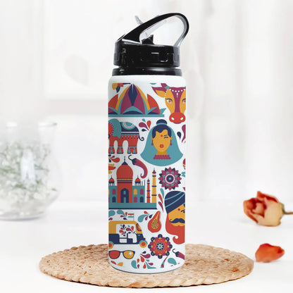 Indian architecture and Asian traditions set Pro Vecto 2 Printed Black Nozzle Water Bottle 750 ml For Gym, Yoga, Kids, Boys, Girls, Brother, Sister, Babies, Baby, Workout, Adults