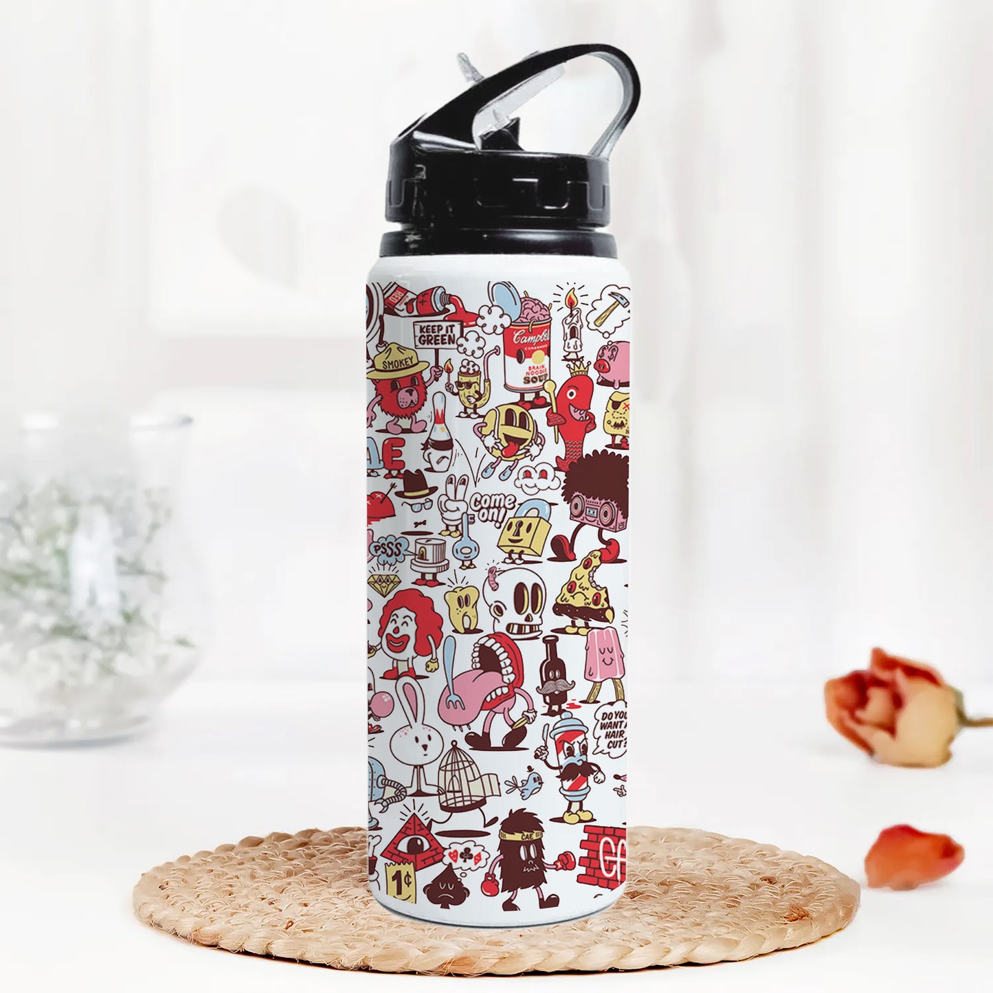 Cartoon doodle Pattern Printed Black Nozzle Water Bottle 750 ml For Gym, Yoga, Kids, Boys, Girls, Brother, Sister, Babies, Baby, Workout, Adults