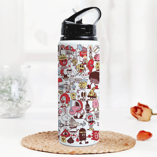 Cartoon doodle Pattern Printed Black Nozzle Water Bottle 750 ml For Gym, Yoga, Kids, Boys, Girls, Brother, Sister, Babies, Baby, Workout, Adults