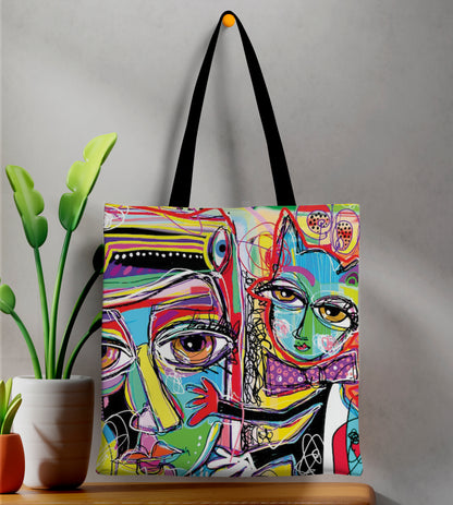 Abstract Digital Painting Printed Black Handle Tote Bag (14 X 16 Inches) For Shopping, College, Travel