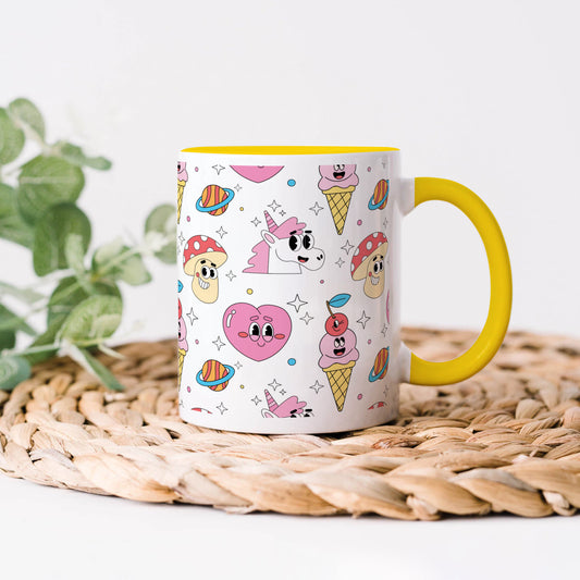 Hand drawn flat trendy cartoon pattern Yellow Handle 330 ml Coffee Mug