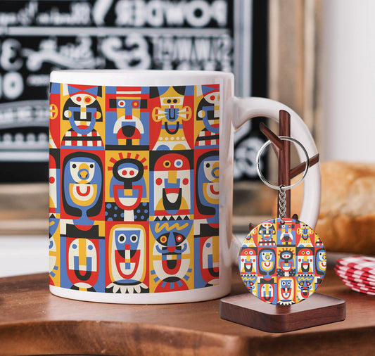 Smiling Faces Fine Art Design Mug and Keychain Combo 330 ml Coffee Mug
