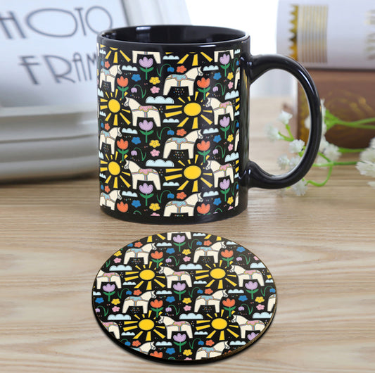 Folk Art Design Full Black 330 ml Coffee Mug with Coaster