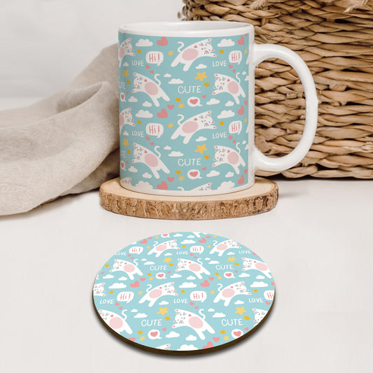 Hand Drawn Cats Words Pattern Mug and Coaster 330 ml Coffee Mug