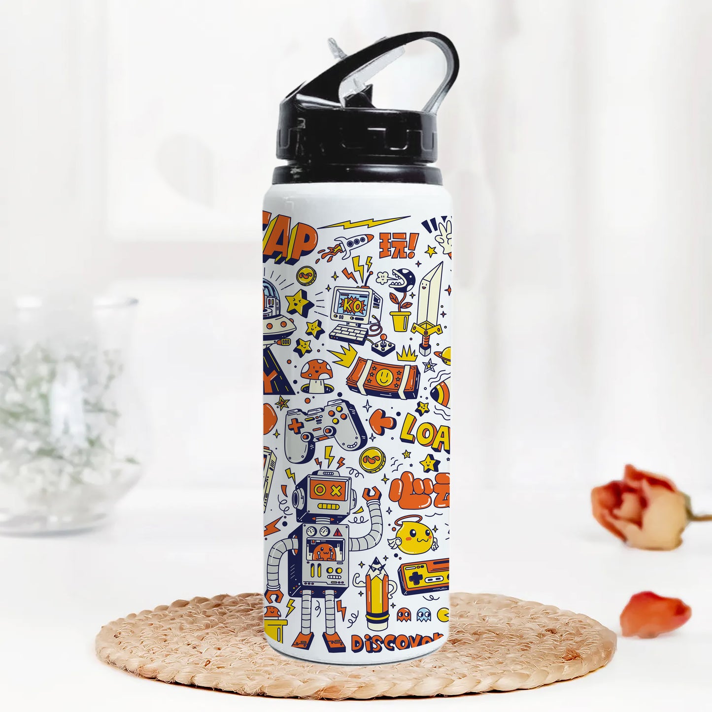 Game city colorfull doodle art Printed Black Nozzle Water Bottle 750 ml For Gym, Yoga, Kids, Boys, Girls, Brother, Sister, Babies, Baby, Workout, Adults