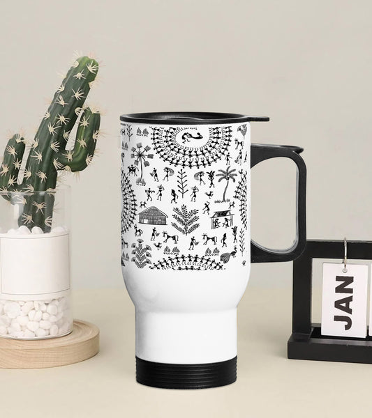 Warli painting seamless pattern Printed 350ML Travel MUG