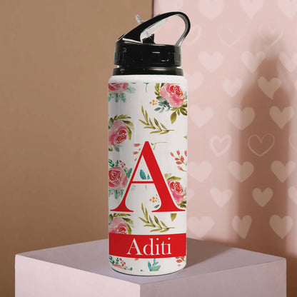 Personalised Floral Water Bottle with Lid & Straw