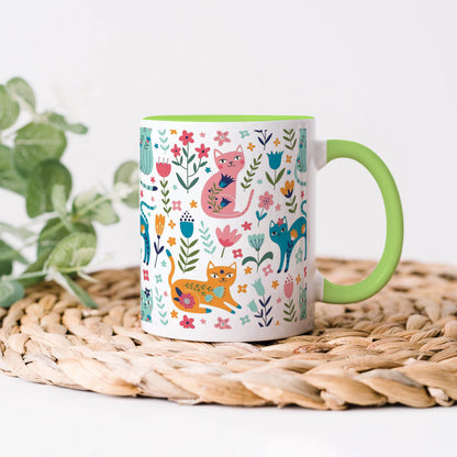 Vector seamless pattern with flowers and cats Cute Flower Cats in cartoon style Light Green Handle 330 ml Coffee Mug