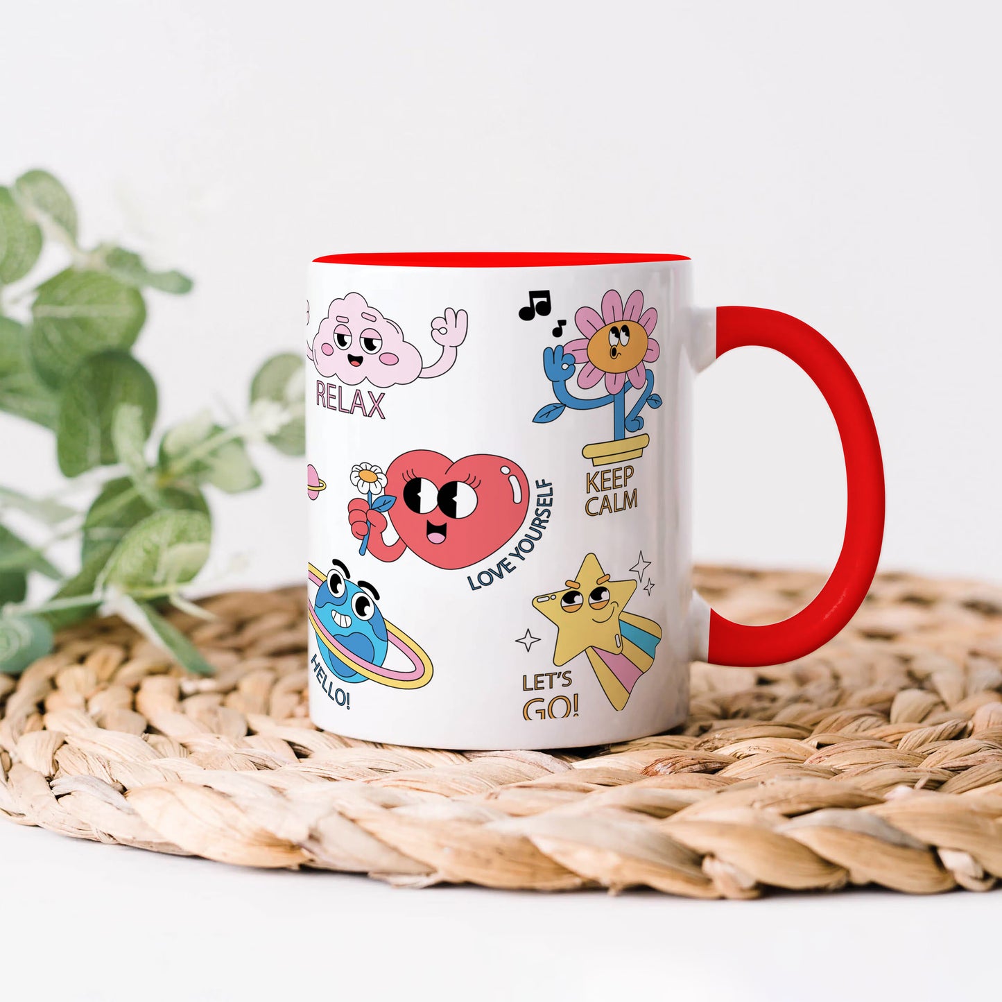 Hand drawn trendy cartoon badges design Red Handle 330 ml Coffee Mug
