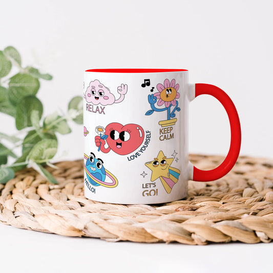 Hand drawn trendy cartoon badges design Red Handle 330 ml Coffee Mug