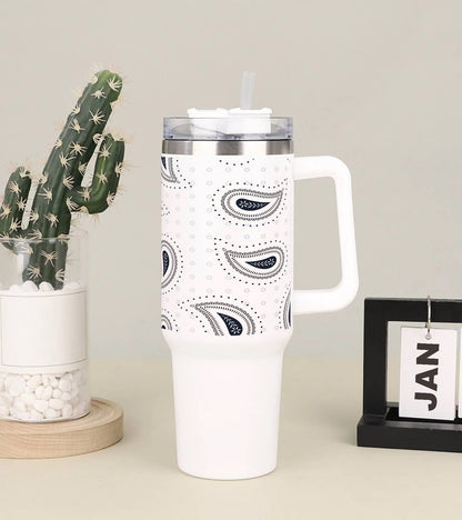 Simple paisley black pattern Printed 850ML with Lid Leak Proof Big Travel Tumbler with Handle and Straw