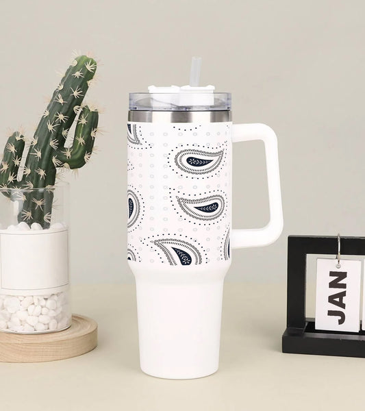 Simple paisley black pattern Printed 850ML with Lid Leak Proof Big Travel Tumbler with Handle and Straw