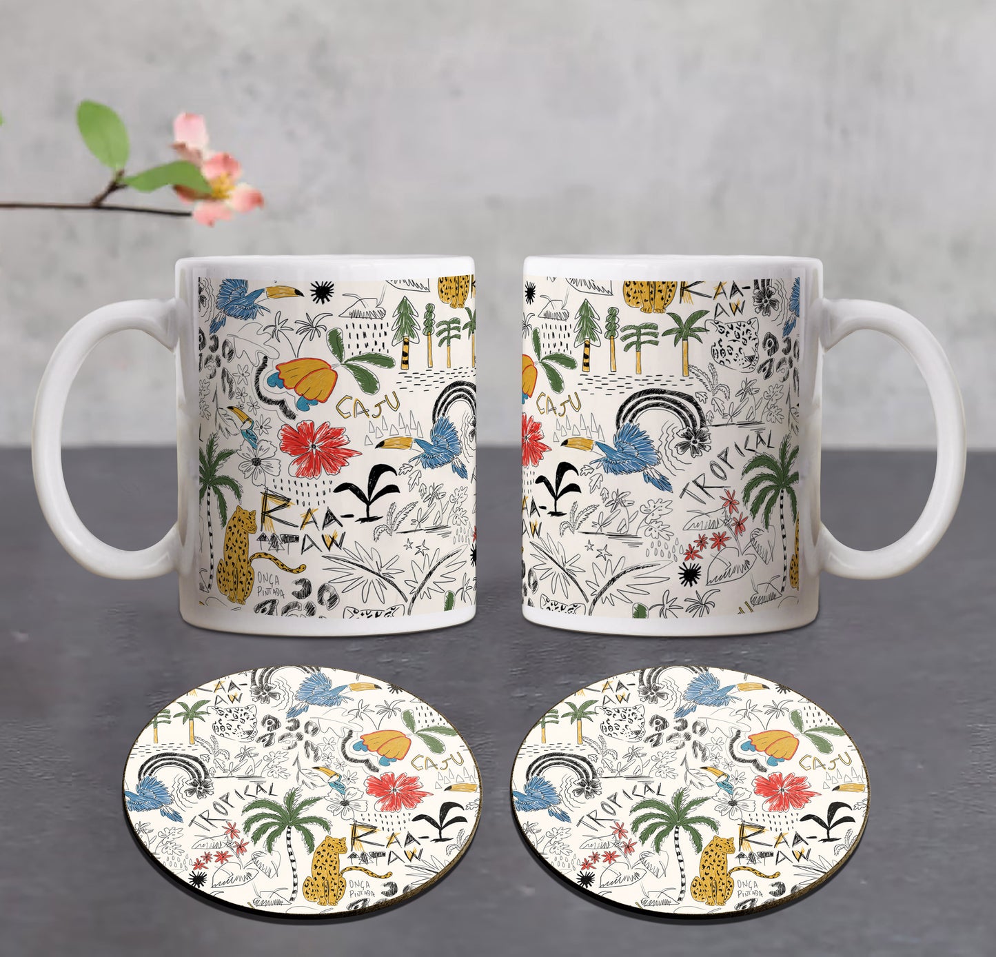 Animals and plants pattern Combo Mugs and Coaster(Set of 2 Mugs and 2 coasters) 330 ml Coffee Mug