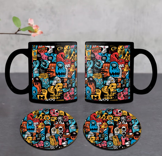 Colorful illustration of Skulls Combo Mugs and Coaster(Set of 2 Mugs and 2 coasters) 330 ml Full Black Coffee Mug