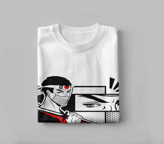 Masked samurai warrior holds a katana on his shoulder Printed White Round Neck Polyester T Shirt for Mens and woman's