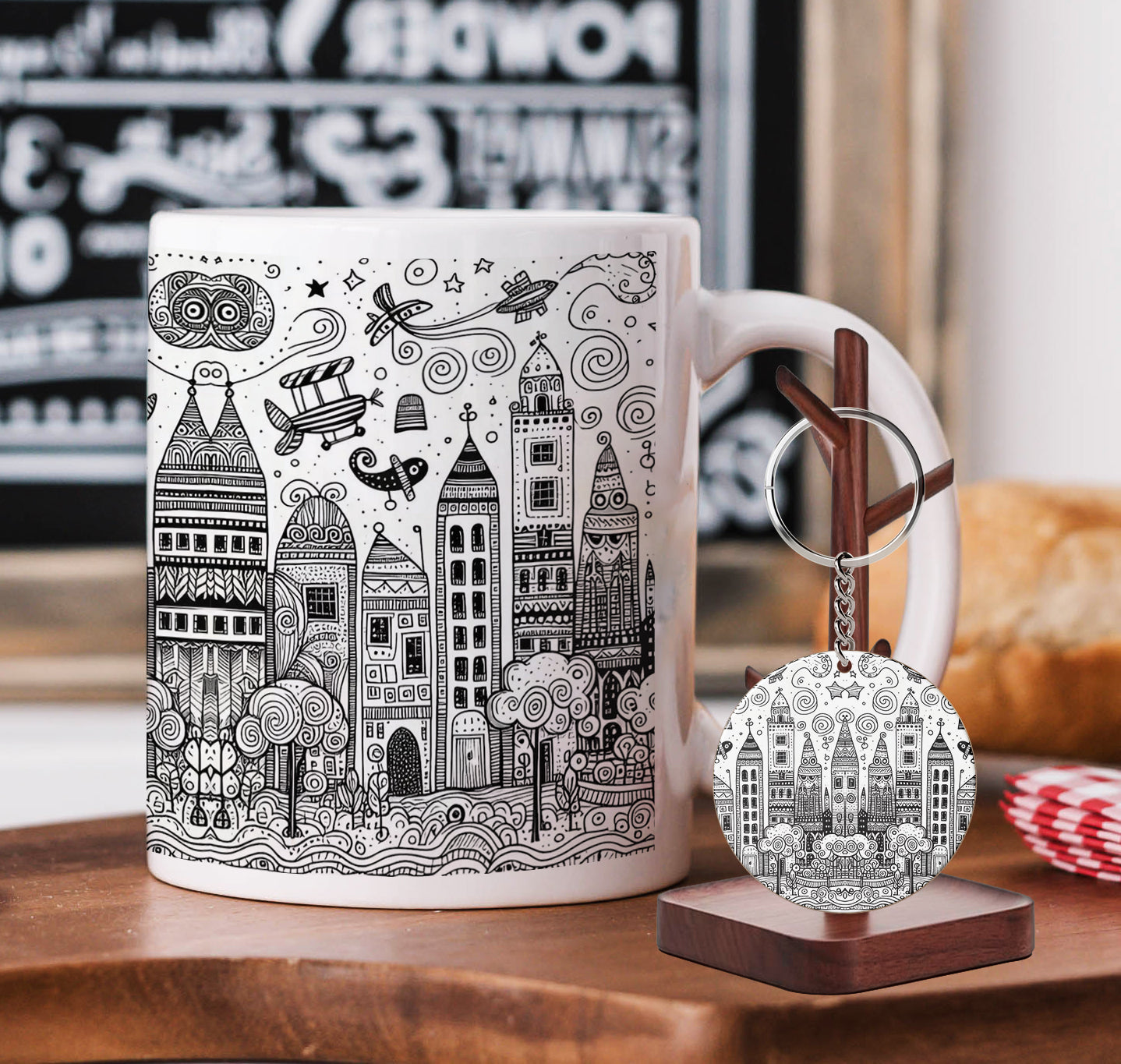 Black N white city doodle art Mug and Keychain Combo 330 ml Coffee Mug