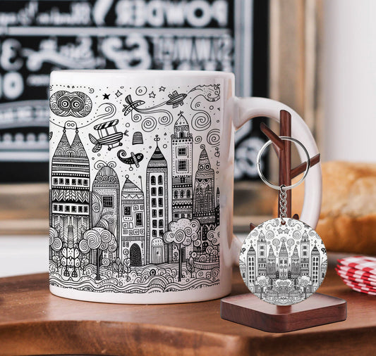 Black N white city doodle art Mug and Keychain Combo 330 ml Coffee Mug