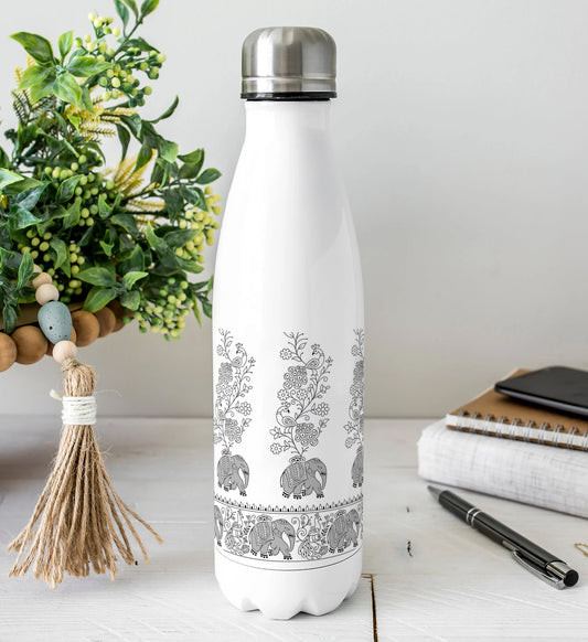 Seamless black and white elephant and peacock pattern Cola Bottle 500ml School Bottle, Picnic Bottle, Leak Proof