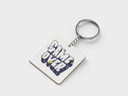 Game Over Digital Graphic Design Printed Square Shape Wooden Keyring with Chain