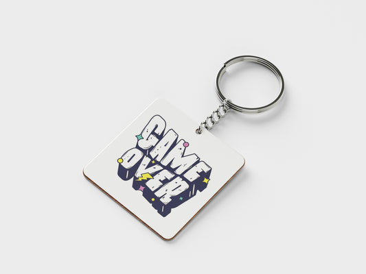 Game Over Digital Graphic Design Printed Square Shape Wooden Keyring with Chain