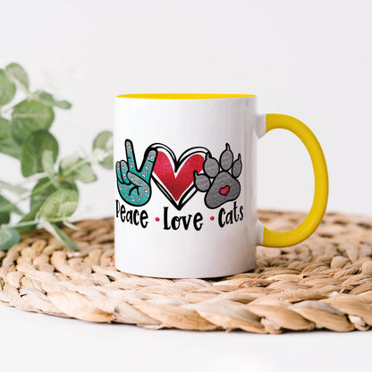Peace Love cats design Yellow Handle 330 ml Coffee Mug