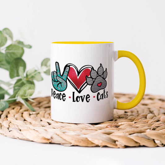 Peace Love cats design Yellow Handle 330 ml Coffee Mug