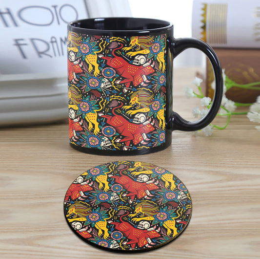 Vivid Animals Art pattern Design Full Black 330 ml Coffee Mug with Coaster