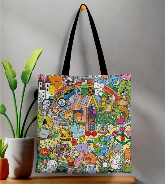 Cartoon Doodle Art Design Printed Black Handle Tote Bag (14 X 16 Inches) For Shopping, College, Travel
