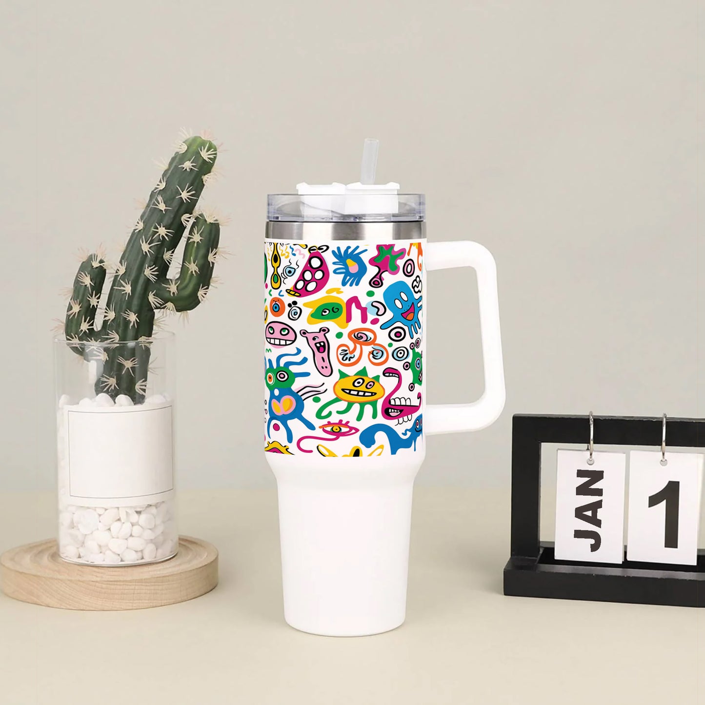 A colorful doodle art with many different colored monsters Printed 850ML with Lid Leak Proof Big Travel Tumbler with Handle and Straw
