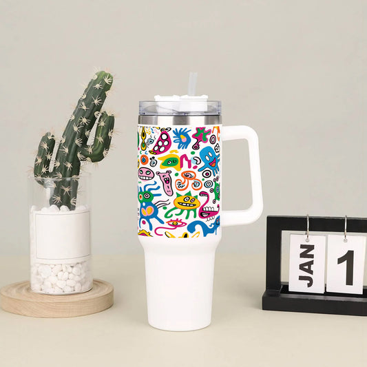 A colorful doodle art with many different colored monsters Printed 850ML with Lid Leak Proof Big Travel Tumbler with Handle and Straw
