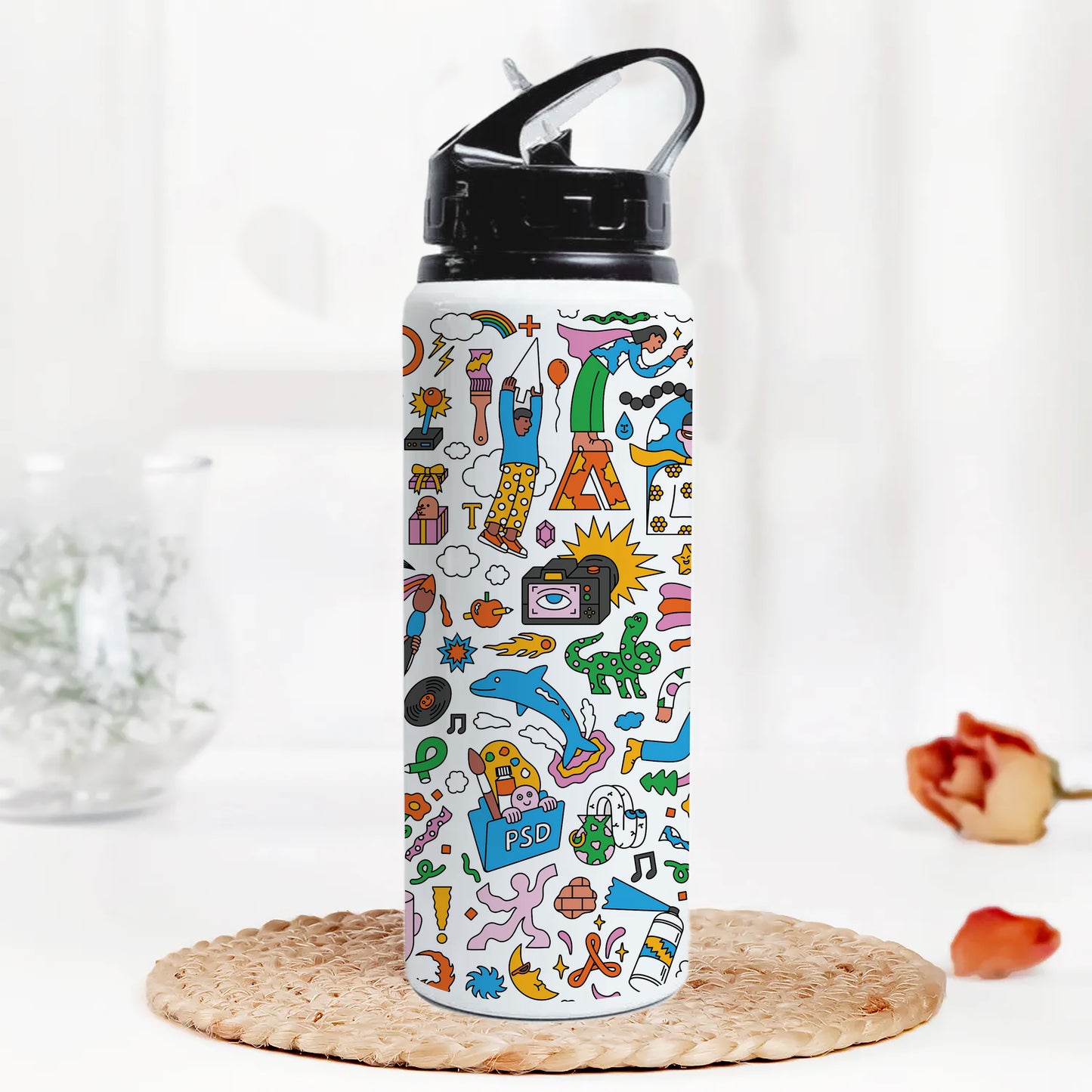 Colorfull Hand drawing Doodle art Printed Black Nozzle Water Bottle 750 ml For Gym, Yoga, Kids, Boys, Girls, Brother, Sister, Babies, Baby, Workout, Adults