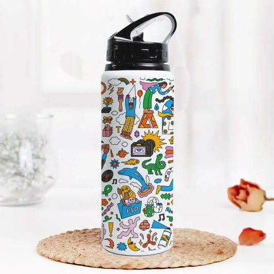 Colorfull Hand drawing Doodle art Printed Black Nozzle Water Bottle 750 ml For Gym, Yoga, Kids, Boys, Girls, Brother, Sister, Babies, Baby, Workout, Adults