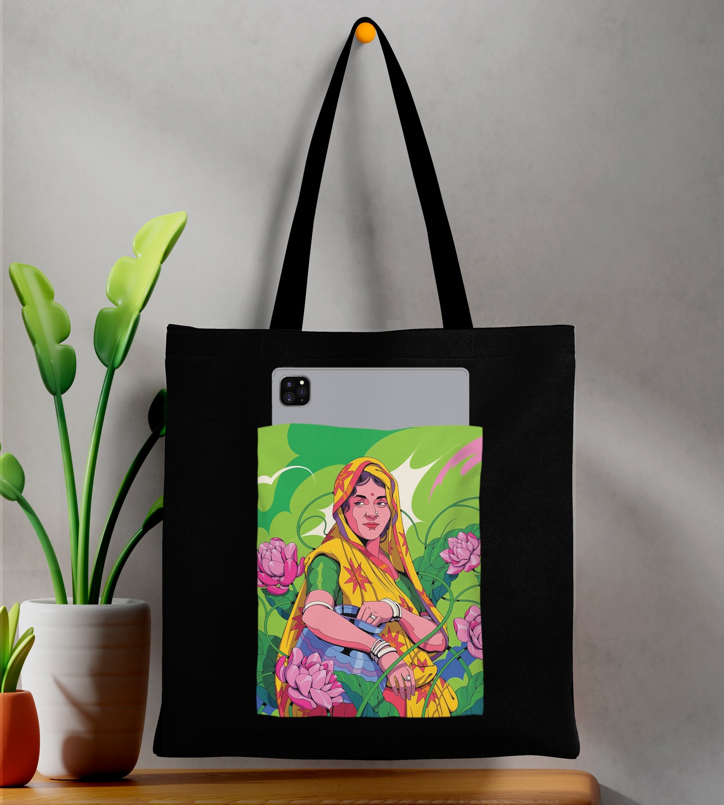 Vibrant Digital illustrations Design Printed Black Patch With Pocket Tote Bag (14 X 16 Inches) For Shopping, College, Travel