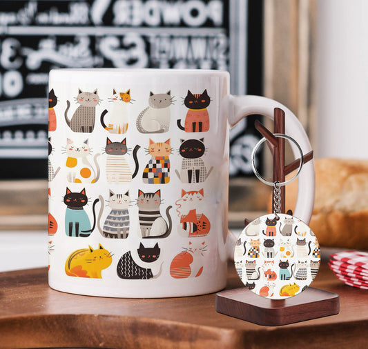 Colorful cat seamless pattern Mug and Keychain Combo 330 ml Coffee Mug