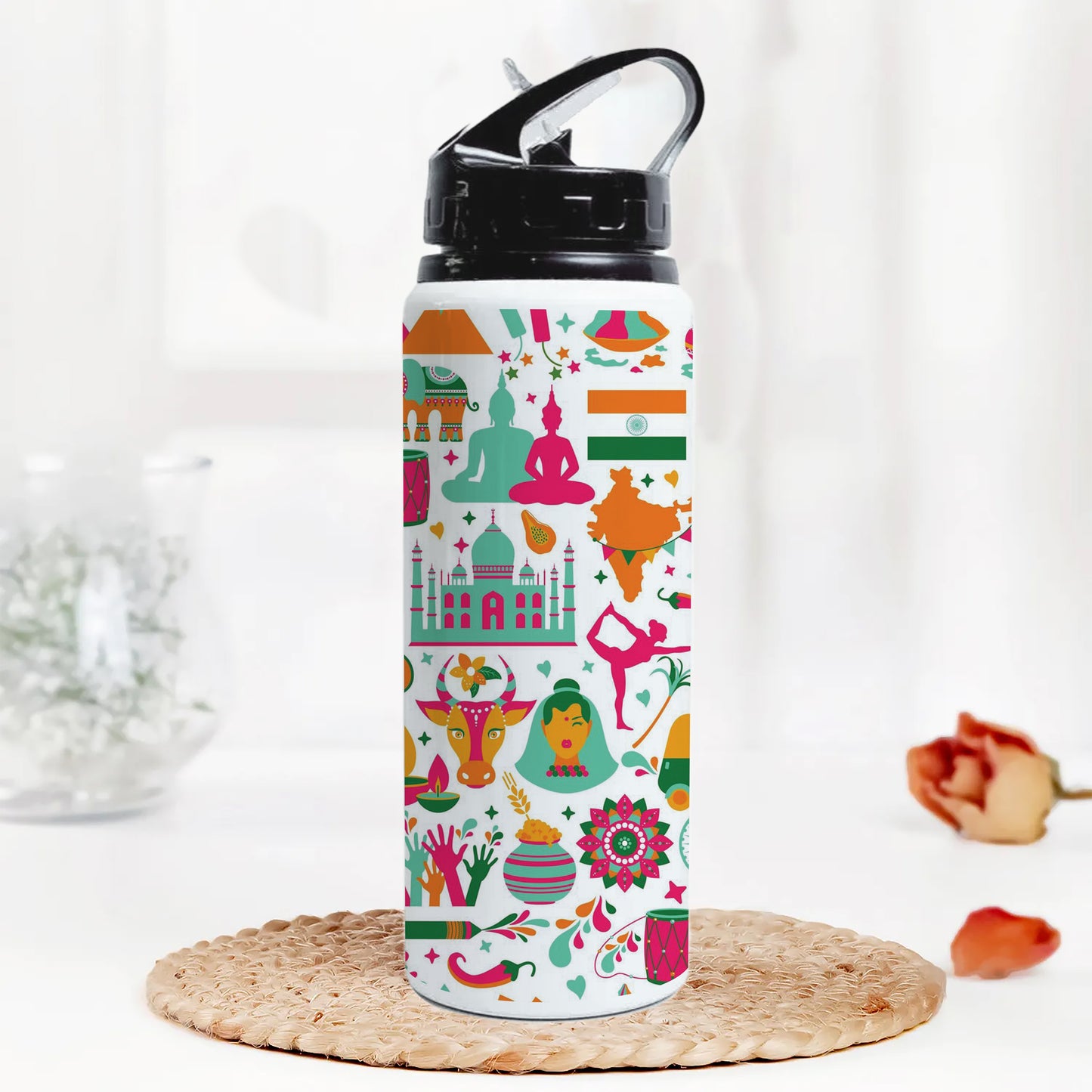 Indian architecture and Asian traditions set Pro Vector Printed Black Nozzle Water Bottle 750 ml For Gym, Yoga, Kids, Boys, Girls, Brother, Sister, Babies, Baby, Workout, Adults