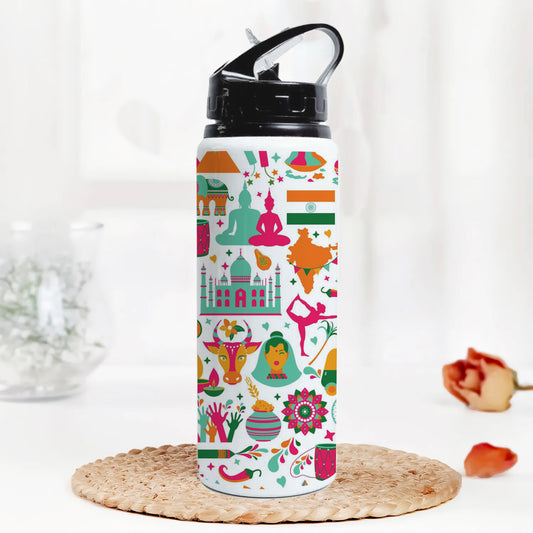 Indian architecture and Asian traditions set Pro Vector Printed Black Nozzle Water Bottle 750 ml For Gym, Yoga, Kids, Boys, Girls, Brother, Sister, Babies, Baby, Workout, Adults