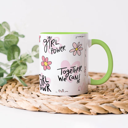 Cute pink flower and heart drawings Seamless pattern Light Green Handle 330 ml Coffee Mug