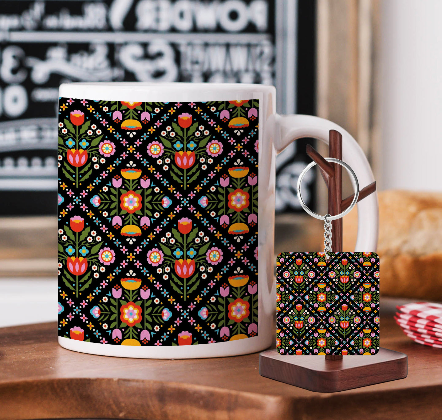 Folk Art Flower Patterns Printed 330 ml White Coffee Mug with Square Shape Wooden Keyring and Chain