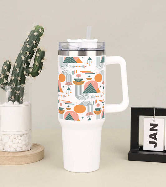 Hand drawn boho geometric pattern Printed 850ML with Lid Leak Proof Big Travel Tumbler with Handle and Straw