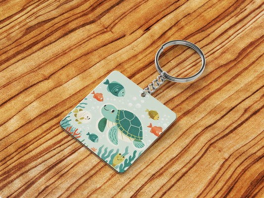 There are sea turtles swimming in the ocean with corals Nursery Painting Printed Square Shape Wooden Keyring with Chain