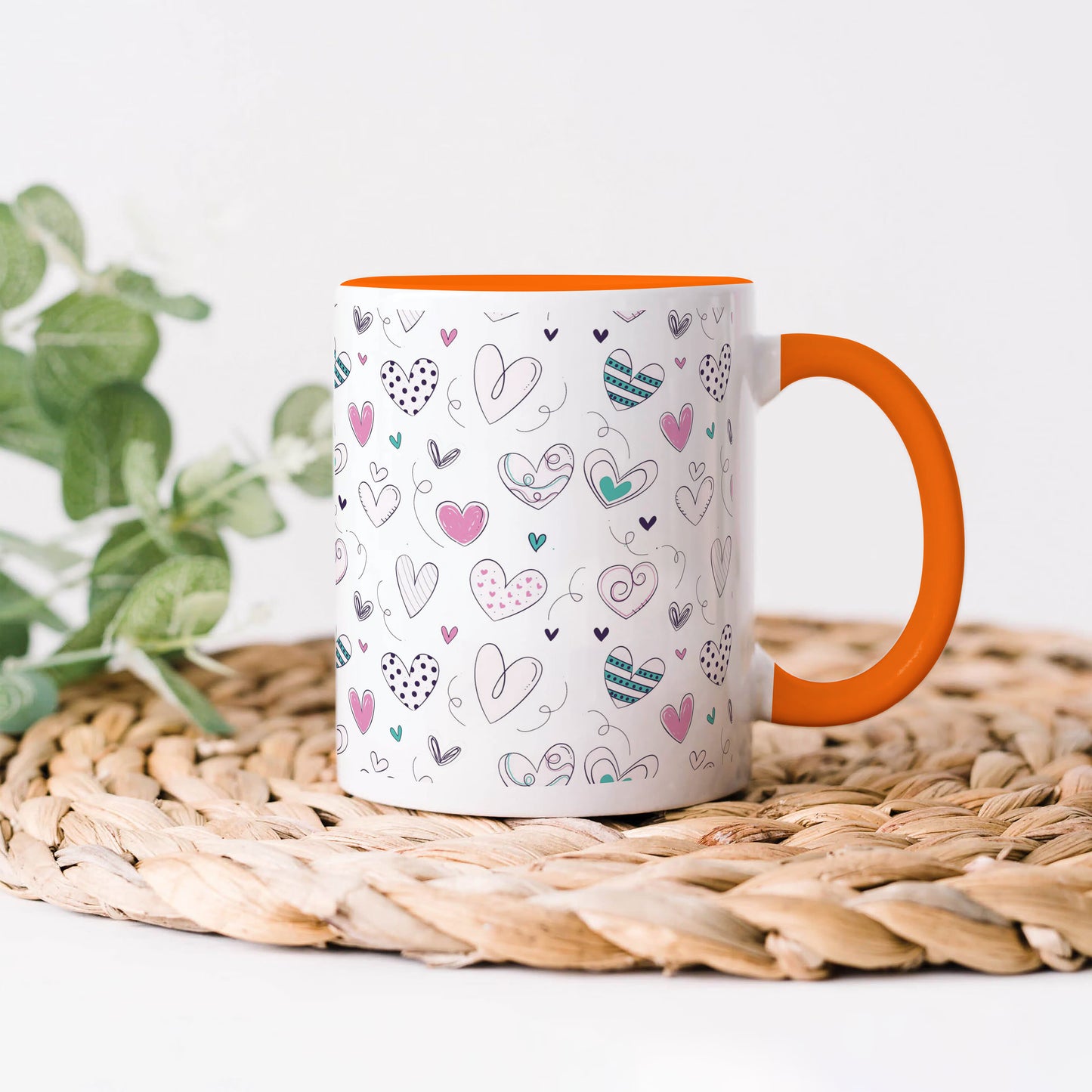 Pretty hearts pattern design Orange Handle 330 ml Coffee Mug