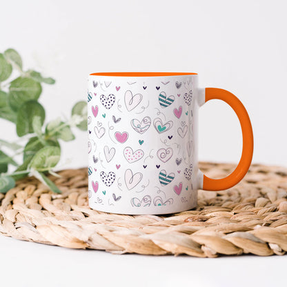 Pretty hearts pattern design Orange Handle 330 ml Coffee Mug