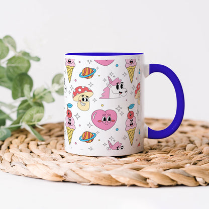 Hand drawn flat trendy cartoon patternDark Blue Handle 330 ml Coffee Mug