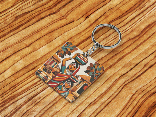 Village Woman royalty illustration Printed Square Shape Wooden Keyring with Chain